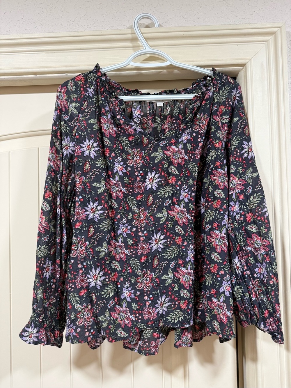 LOFT Black Floral Long-Sleeve Blouse with Red & Purple Flowers